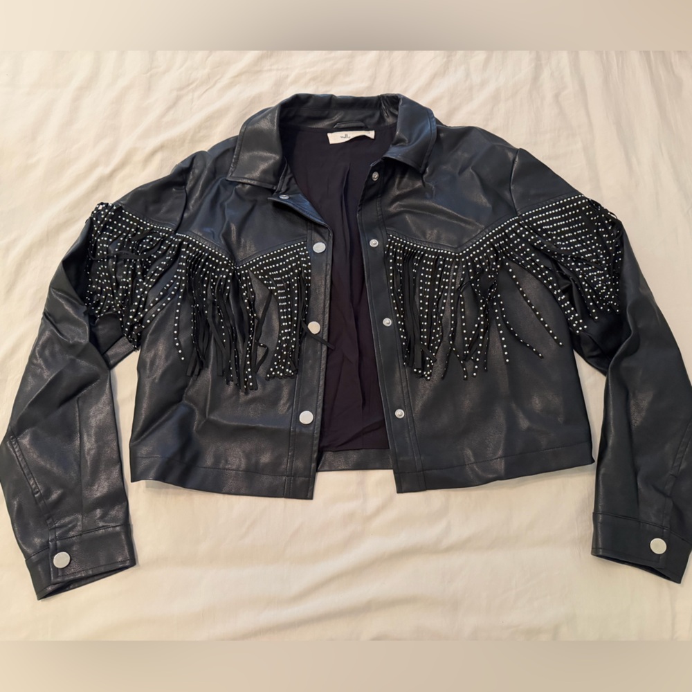 Fringed Faux Leather Jacket with Studs